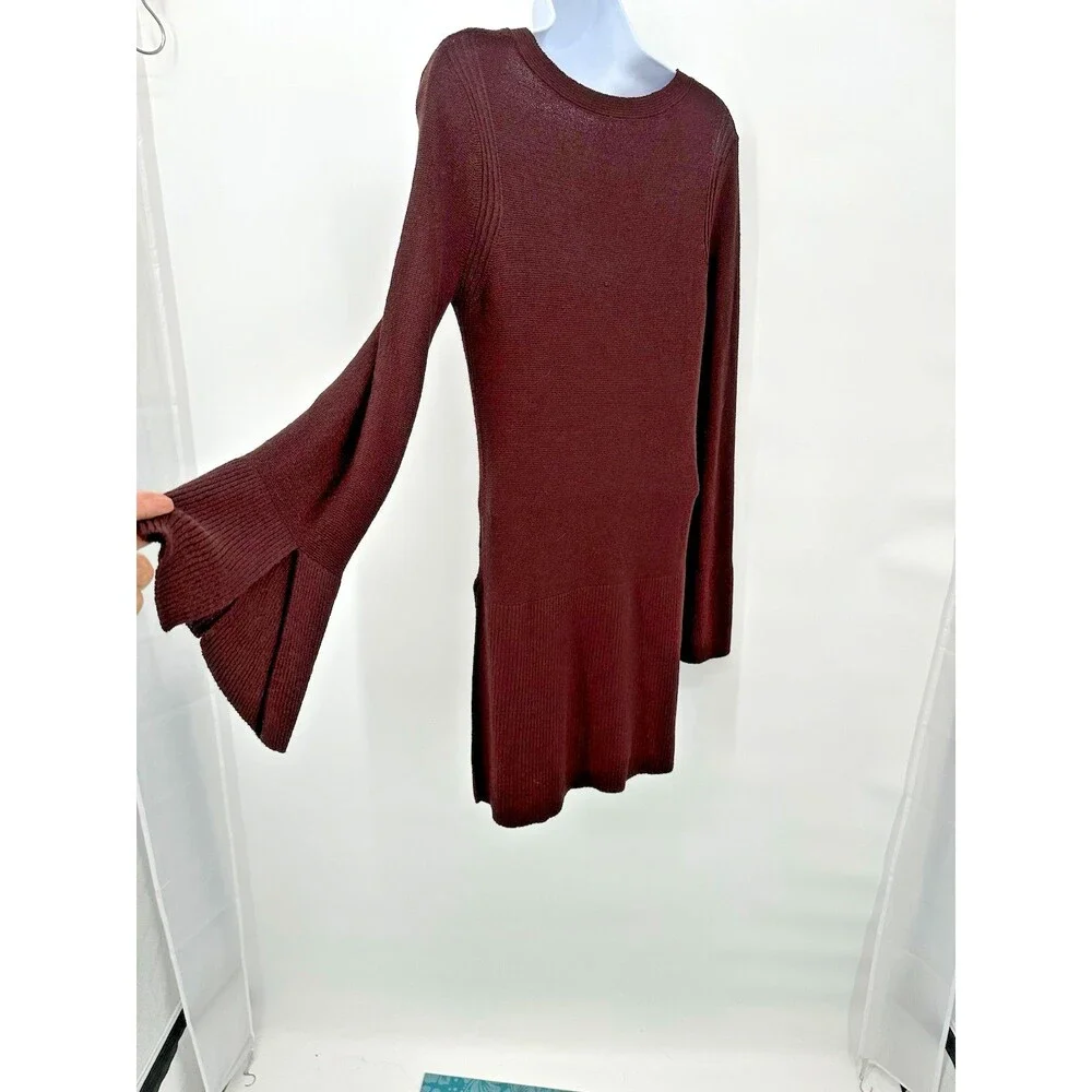 FREE PEOPLE ‎ Brown Cross V Neck, Bell/Long Sleeve Tunic Vented Sweater Size S/P